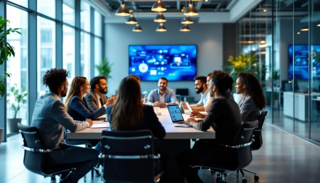 A diverse group of professionals collaborates in a modern office setting, showcasing a successful career change journey. They are engaged in discussions, reflecting teamwork and the sharing of transferable skills essential for navigating career transitions.